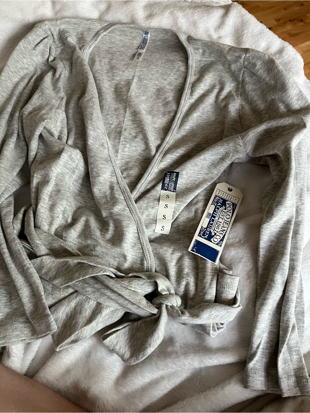 NWT VINTAGE Ralph Lauren Light Gray Wrap 3/4 sleeve with Tie Waist